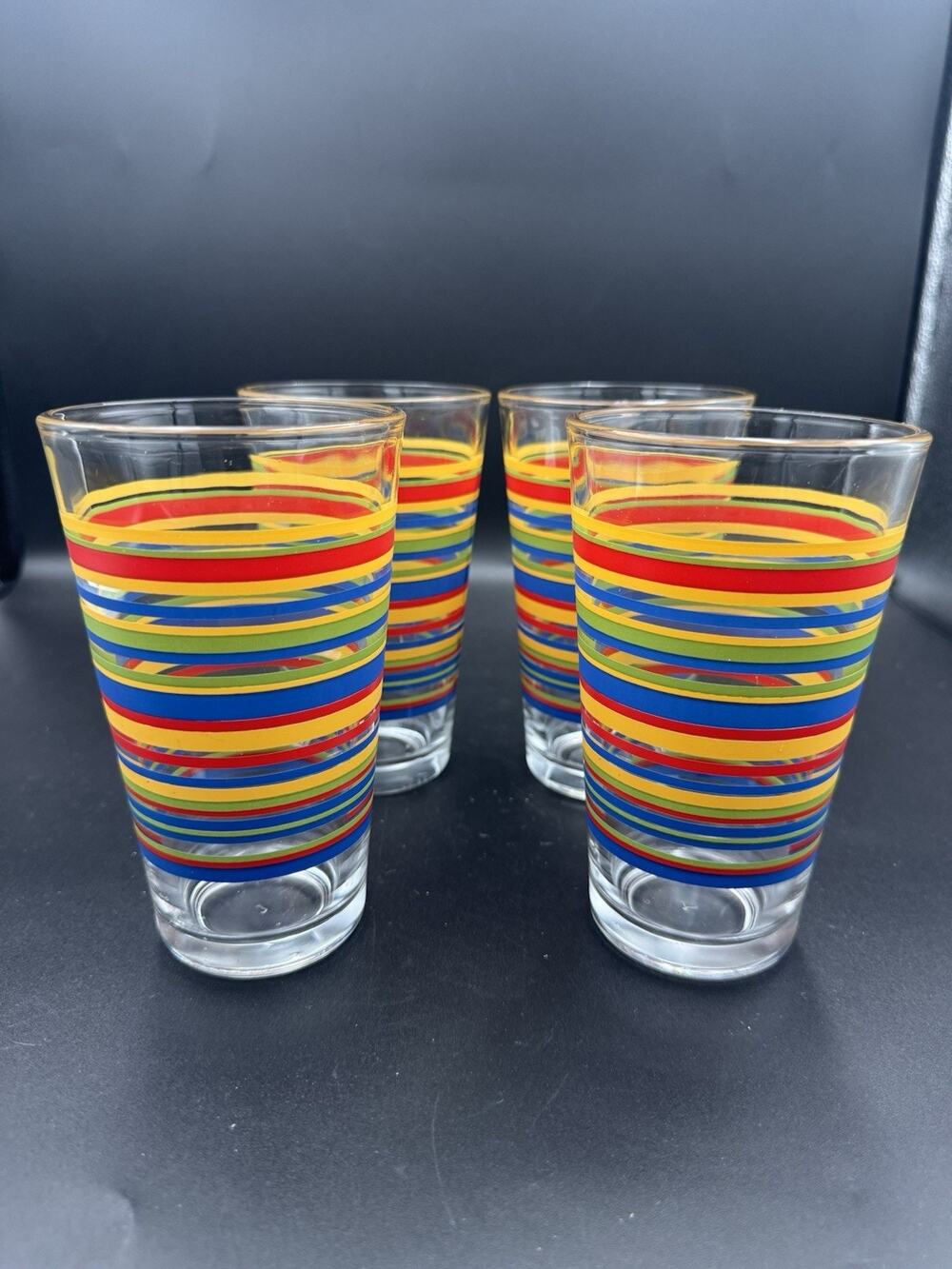 Vintage Libbey Glasses 1970s Fiesta Mambo 16oz Tumblers Rainbow Stripe Set of 4